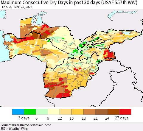 Central Asia Maximum Consecutive Dry Days in past 30 days (USAF 557th WW) 03/25/2022 Thematic Map For 3/21/2022 - 3/25/2022