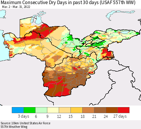 Central Asia Maximum Consecutive Dry Days in past 30 days (USAF 557th WW) 03/31/2022 Thematic Map For 3/26/2022 - 3/31/2022