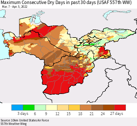 Central Asia Maximum Consecutive Dry Days in past 30 days (USAF 557th WW) 04/05/2022 Thematic Map For 4/1/2022 - 4/5/2022