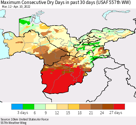 Central Asia Maximum Consecutive Dry Days in past 30 days (USAF 557th WW) 04/10/2022 Thematic Map For 4/6/2022 - 4/10/2022