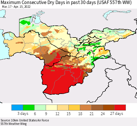 Central Asia Maximum Consecutive Dry Days in past 30 days (USAF 557th WW) 04/15/2022 Thematic Map For 4/11/2022 - 4/15/2022