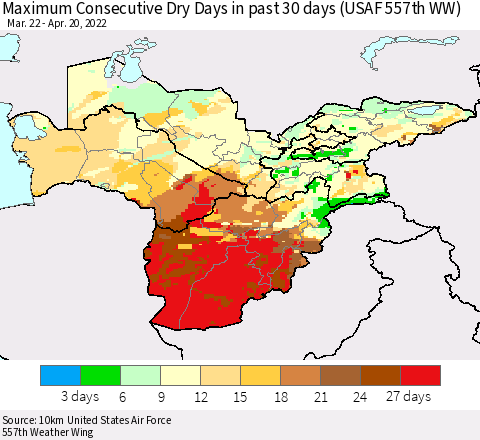 Central Asia Maximum Consecutive Dry Days in past 30 days (USAF 557th WW) 04/20/2022 Thematic Map For 4/16/2022 - 4/20/2022
