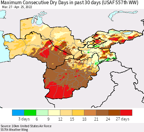 Central Asia Maximum Consecutive Dry Days in past 30 days (USAF 557th WW) 04/25/2022 Thematic Map For 4/21/2022 - 4/25/2022