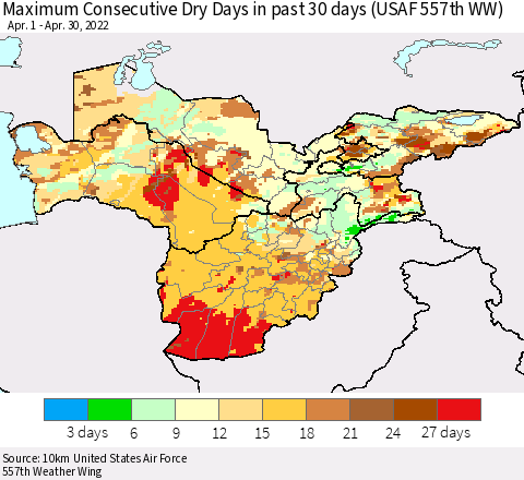 Central Asia Maximum Consecutive Dry Days in past 30 days (USAF 557th WW) 04/30/2022 Thematic Map For 4/26/2022 - 4/30/2022