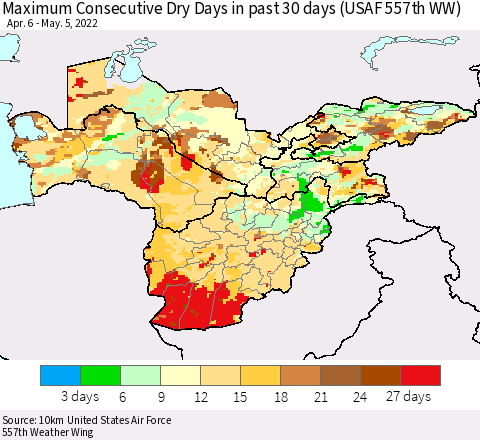 Central Asia Maximum Consecutive Dry Days in past 30 days (USAF 557th WW) 05/05/2022 Thematic Map For 5/1/2022 - 5/5/2022