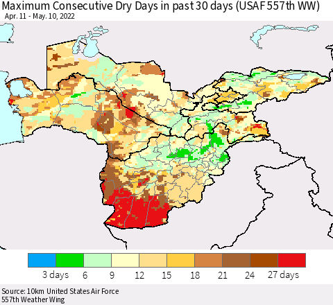 Central Asia Maximum Consecutive Dry Days in past 30 days (USAF 557th WW) 05/10/2022 Thematic Map For 5/6/2022 - 5/10/2022