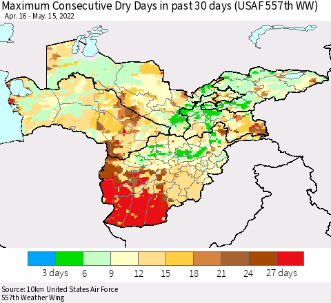 Central Asia Maximum Consecutive Dry Days in past 30 days (USAF 557th WW) 05/15/2022 Thematic Map For 5/11/2022 - 5/15/2022