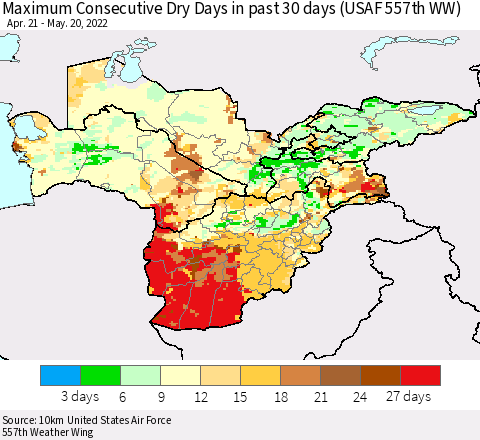Central Asia Maximum Consecutive Dry Days in past 30 days (USAF 557th WW) 05/20/2022 Thematic Map For 5/16/2022 - 5/20/2022