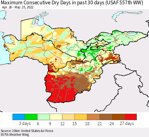 Central Asia Maximum Consecutive Dry Days in past 30 days (USAF 557th WW) 05/25/2022 Thematic Map For 5/21/2022 - 5/25/2022