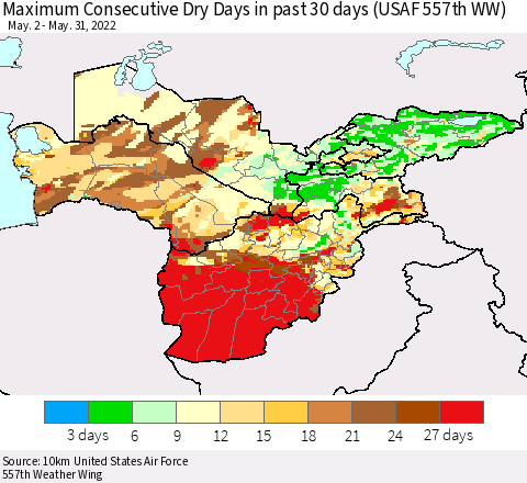 Central Asia Maximum Consecutive Dry Days in past 30 days (USAF 557th WW) 05/31/2022 Thematic Map For 5/26/2022 - 5/31/2022
