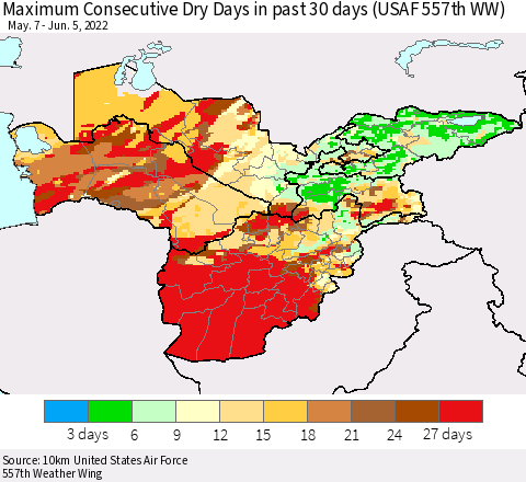 Central Asia Maximum Consecutive Dry Days in past 30 days (USAF 557th WW) 06/05/2022 Thematic Map For 6/1/2022 - 6/5/2022