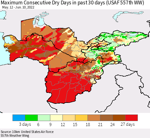 Central Asia Maximum Consecutive Dry Days in past 30 days (USAF 557th WW) 06/10/2022 Thematic Map For 6/6/2022 - 6/10/2022