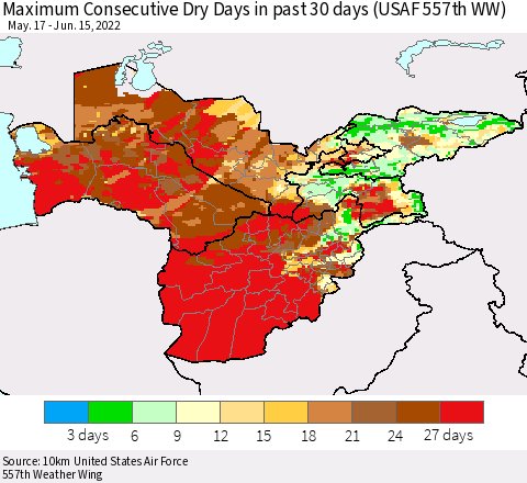 Central Asia Maximum Consecutive Dry Days in past 30 days (USAF 557th WW) 06/15/2022 Thematic Map For 6/11/2022 - 6/15/2022