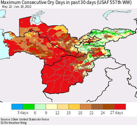 Central Asia Maximum Consecutive Dry Days in past 30 days (USAF 557th WW) 06/20/2022 Thematic Map For 6/16/2022 - 6/20/2022