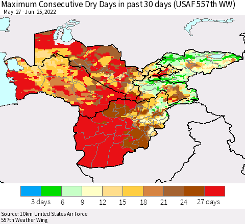 Central Asia Maximum Consecutive Dry Days in past 30 days (USAF 557th WW) 06/25/2022 Thematic Map For 6/21/2022 - 6/25/2022