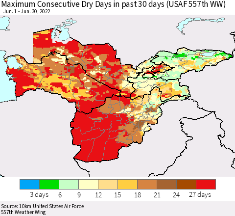 Central Asia Maximum Consecutive Dry Days in past 30 days (USAF 557th WW) 06/30/2022 Thematic Map For 6/26/2022 - 6/30/2022