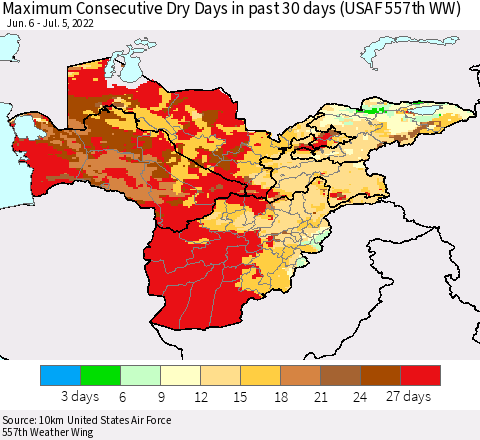 Central Asia Maximum Consecutive Dry Days in past 30 days (USAF 557th WW) 07/05/2022 Thematic Map For 7/1/2022 - 7/5/2022