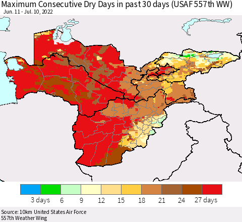 Central Asia Maximum Consecutive Dry Days in past 30 days (USAF 557th WW) 07/10/2022 Thematic Map For 7/6/2022 - 7/10/2022