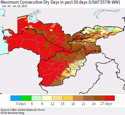 Central Asia Maximum Consecutive Dry Days in past 30 days (USAF 557th WW) 07/15/2022 Thematic Map For 7/11/2022 - 7/15/2022
