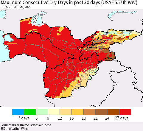 Central Asia Maximum Consecutive Dry Days in past 30 days (USAF 557th WW) 07/20/2022 Thematic Map For 7/16/2022 - 7/20/2022