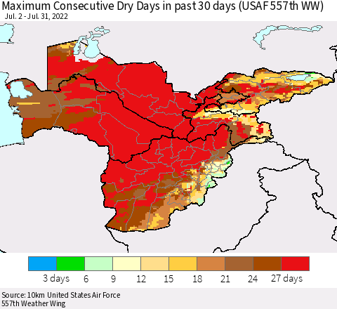 Central Asia Maximum Consecutive Dry Days in past 30 days (USAF 557th WW) 07/31/2022 Thematic Map For 7/26/2022 - 7/31/2022