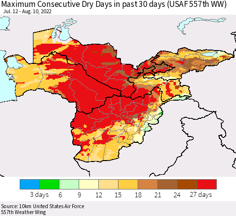 Central Asia Maximum Consecutive Dry Days in past 30 days (USAF 557th WW) 08/10/2022 Thematic Map For 8/6/2022 - 8/10/2022