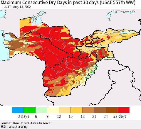 Central Asia Maximum Consecutive Dry Days in past 30 days (USAF 557th WW) 08/15/2022 Thematic Map For 8/11/2022 - 8/15/2022