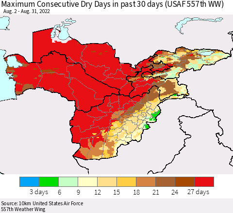 Central Asia Maximum Consecutive Dry Days in past 30 days (USAF 557th WW) 08/31/2022 Thematic Map For 8/26/2022 - 8/31/2022