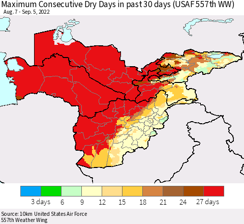 Central Asia Maximum Consecutive Dry Days in past 30 days (USAF 557th WW) 09/05/2022 Thematic Map For 9/1/2022 - 9/5/2022
