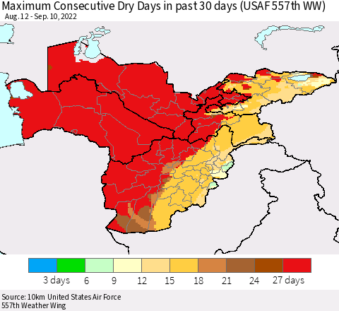 Central Asia Maximum Consecutive Dry Days in past 30 days (USAF 557th WW) 09/10/2022 Thematic Map For 9/6/2022 - 9/10/2022