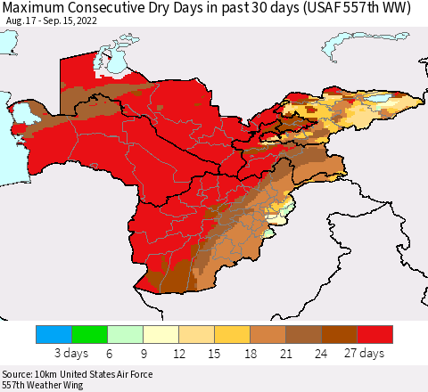 Central Asia Maximum Consecutive Dry Days in past 30 days (USAF 557th WW) 09/15/2022 Thematic Map For 9/11/2022 - 9/15/2022