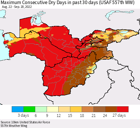 Central Asia Maximum Consecutive Dry Days in past 30 days (USAF 557th WW) 09/20/2022 Thematic Map For 9/16/2022 - 9/20/2022