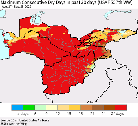 Central Asia Maximum Consecutive Dry Days in past 30 days (USAF 557th WW) 09/25/2022 Thematic Map For 9/21/2022 - 9/25/2022