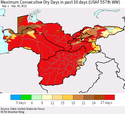 Central Asia Maximum Consecutive Dry Days in past 30 days (USAF 557th WW) 09/30/2022 Thematic Map For 9/26/2022 - 9/30/2022