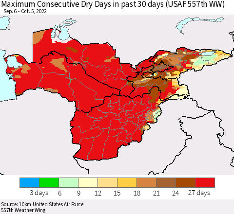 Central Asia Maximum Consecutive Dry Days in past 30 days (USAF 557th WW) 10/05/2022 Thematic Map For 10/1/2022 - 10/5/2022