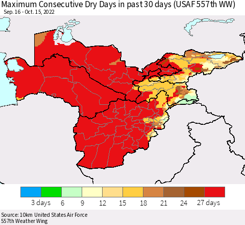 Central Asia Maximum Consecutive Dry Days in past 30 days (USAF 557th WW) 10/15/2022 Thematic Map For 10/11/2022 - 10/15/2022