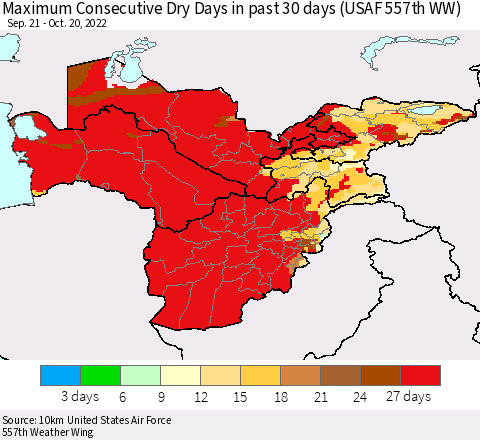 Central Asia Maximum Consecutive Dry Days in past 30 days (USAF 557th WW) 10/20/2022 Thematic Map For 10/16/2022 - 10/20/2022