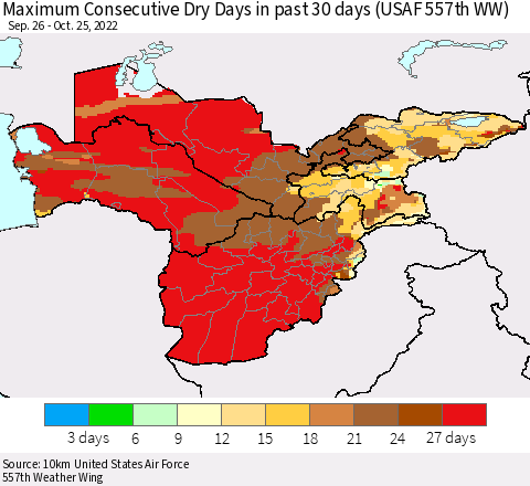 Central Asia Maximum Consecutive Dry Days in past 30 days (USAF 557th WW) 10/25/2022 Thematic Map For 10/21/2022 - 10/25/2022