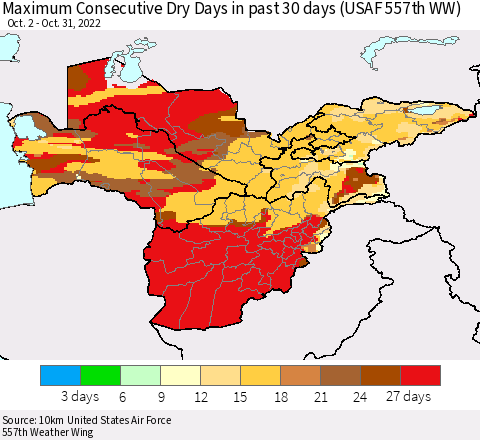 Central Asia Maximum Consecutive Dry Days in past 30 days (USAF 557th WW) 10/31/2022 Thematic Map For 10/26/2022 - 10/31/2022