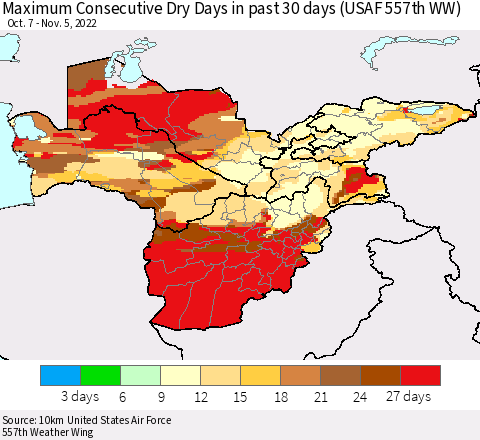 Central Asia Maximum Consecutive Dry Days in past 30 days (USAF 557th WW) 11/05/2022 Thematic Map For 11/1/2022 - 11/5/2022