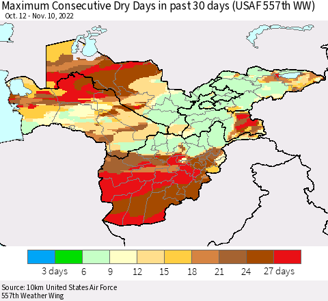 Central Asia Maximum Consecutive Dry Days in past 30 days (USAF 557th WW) 11/10/2022 Thematic Map For 11/6/2022 - 11/10/2022