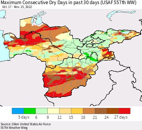 Central Asia Maximum Consecutive Dry Days in past 30 days (USAF 557th WW) 11/15/2022 Thematic Map For 11/11/2022 - 11/15/2022