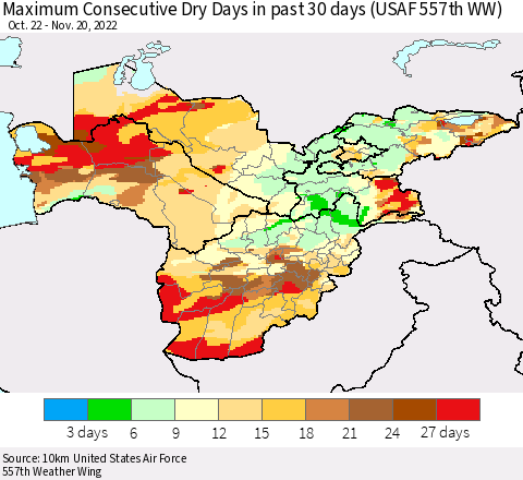 Central Asia Maximum Consecutive Dry Days in past 30 days (USAF 557th WW) 11/20/2022 Thematic Map For 11/16/2022 - 11/20/2022