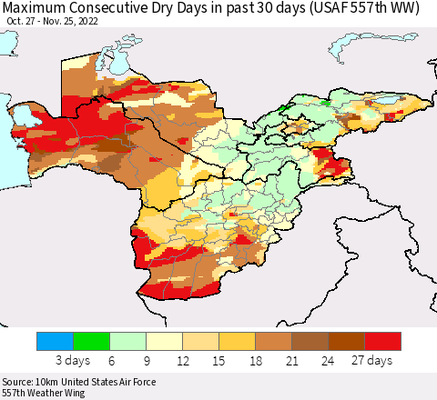 Central Asia Maximum Consecutive Dry Days in past 30 days (USAF 557th WW) 11/25/2022 Thematic Map For 11/21/2022 - 11/25/2022