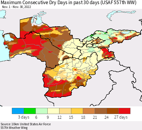 Central Asia Maximum Consecutive Dry Days in past 30 days (USAF 557th WW) 11/30/2022 Thematic Map For 11/26/2022 - 11/30/2022