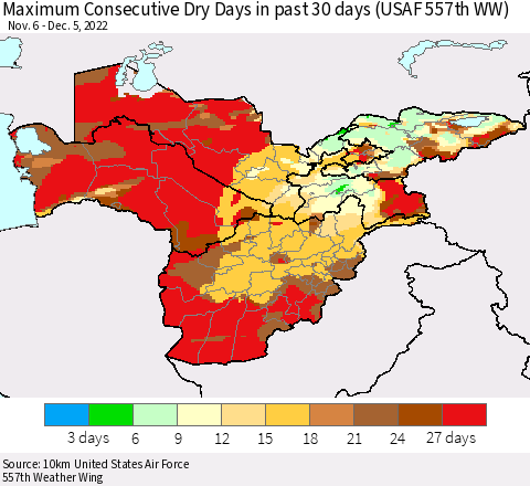 Central Asia Maximum Consecutive Dry Days in past 30 days (USAF 557th WW) 12/05/2022 Thematic Map For 12/1/2022 - 12/5/2022
