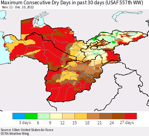 Central Asia Maximum Consecutive Dry Days in past 30 days (USAF 557th WW) 12/10/2022 Thematic Map For 12/6/2022 - 12/10/2022