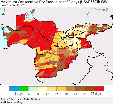 Central Asia Maximum Consecutive Dry Days in past 30 days (USAF 557th WW) 12/20/2022 Thematic Map For 12/16/2022 - 12/20/2022
