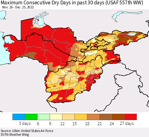 Central Asia Maximum Consecutive Dry Days in past 30 days (USAF 557th WW) 12/25/2022 Thematic Map For 12/21/2022 - 12/25/2022