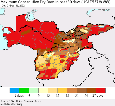 Central Asia Maximum Consecutive Dry Days in past 30 days (USAF 557th WW) 12/31/2022 Thematic Map For 12/26/2022 - 12/31/2022